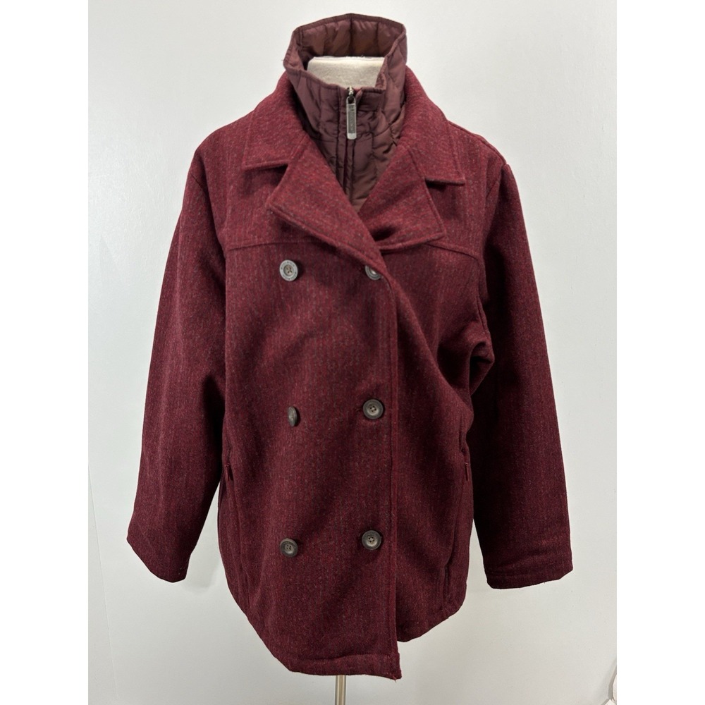 Woolrich Wool Blend Pea Coat Women's XL Burgundy Double Breasted Inner Layer